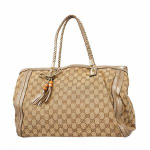 Gucci GG Canvas Bamboo Tote Bag 269945 Beige Brown Champagne Women's